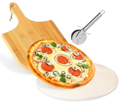 Vilde Lot de 3 pierres à pizza rondes de 33 cm - Pour four, barbecue - Avec pelle à pizza en bambou - En acier inoxydable - Accessoire de cuisson