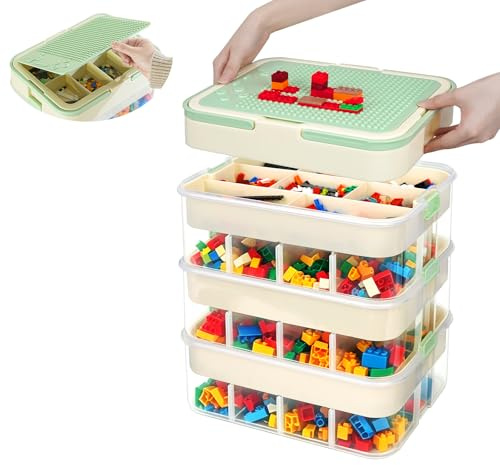 UHAPEER Aufbewahrungsboxen für Lego, 3 Ebenen Sortierbox mit Handeln | Transparent Kiste mit Stud Desk Lego，Plastik Stapelbar Box Groß Aufbewahrungsbox, Groß Aufbewahrungsbox