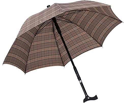 Ossenberg Stockschirm Twin mit Fritzgriff – Ø 105cm – 2 in 1 Gehstock & Regenschirm – Handstock, Gehhilfe, Gehstütze – höhenverstellbar - braunes Karo Design