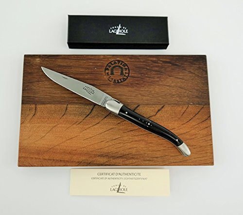 Forge de Laguiole Coffret cadeau, couteau de poche avec lame de 12 cm (mat), manche en ébène + planche à découper en bois de chêne 25 x 15 cm
