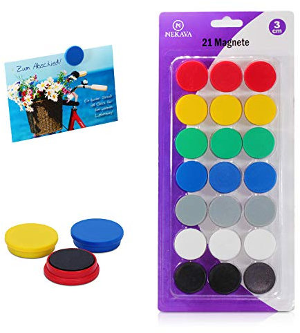 Premium 21 Magnete für Magnettafel in 7 Farben. Die 3cm runden Magneten von Nekava sind perfekt für Schule, Uni, Seminare, Arbeit am Whiteboard oder für zuhause als Kühlschrankmagnete geeignet
