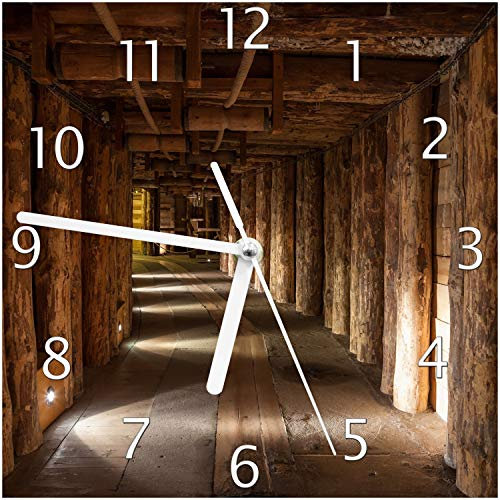 Wallario Design-Wanduhr Alter Tunnel in Einer Salzmine in Polen aus Glas, Motiv-Uhr Größe 20 x 20 cm, weiße Zeiger