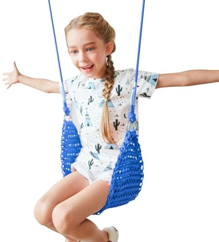 ROPECUBE Hand-Knitting Kids Swing, Indoor Outdoor Portable Tree Swing Seat,Adjustable Ropes, with Hanging Strap and Snap Hook for Camping Hiking Backyard Playset and Playroom, Easy Install(Blue)