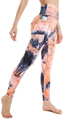 AMYTIS Dam hög midja leggings knytfärgade yogabyxor med fickor 4-vägs stretch magkontroll yoga leggings träning löparbyxor