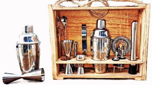 apolliner, Cocktailshaker, Professional Cocktail Shaker Set, Stainless Steel, 16 Pieces, Wooden Carrier, Easy to Carry, for Storing Aperitif, Cocktail Set (16)