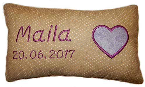 Momelie Schmusekissen in beige * Kuschelkissen * Herz * mit Namen Bestickt * 17 x 29 cm * SK-be_0019
