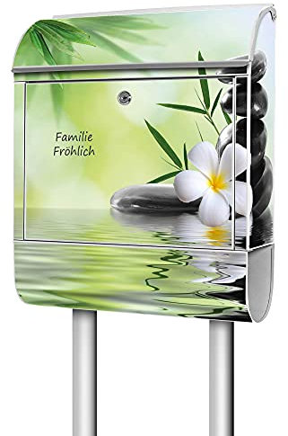 banjado® Briefkasten mit Standfuß personalisierbar Motiv Steine & Relax 6 - Stand Briefkasten mit Zeitungsfach pulverbeschichtet aus Stahl weiß - Postkasten A4 Einwurf inkl. 2 Schlüssel