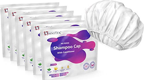 Omnitex Premium sköljfri schampokeps - kan användas i mikrovågsugn, med balsam, vitaminer, närande och skyddande örtextrakt och barriärkräm. Inget vatten, inga parabener, latexfri, alkoholfri (paket 6)