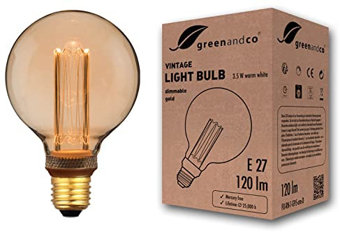 greenandco LED Vintage Glühbirne zur Stimmungsbeleuchtung | dimmbar | E27 G95 | gold | 3,5W 120lm | 1800K extra warmweiß | 320° | 230V | flimmerfrei | Edison Glühbirne