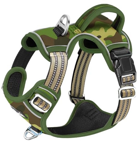 Eyein Hundegeschirr für Große Hunde, Anti Zug Brustgeschirr mit 2 Leinenclips und leicht zu bedienendem Griff, Verstellbare und reflektierende Gepolstert Geschirr für tägliches Training (Tarngrün, L)