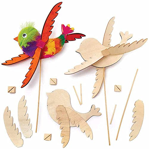 Baker Ross FC689 Vogel Windmühle Holz Bastelset - 3er Pack, Windrädchen Basteln für Kinder, Kindergeburtstage oder Kindergarten