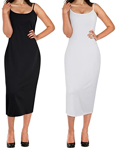 Jiuguva 2 Pcs Full Slip for Under Dresses Adjustable Spaghetti Strap Sleeveless Nightgown Women's Slip Long Dress(Medium,Black, White)