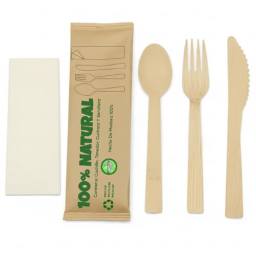 Jofisa Set de Cubiertos Desechables de Madera con Servilleta – Tenedor, Cuchillo y Cuchara Envueltos Individualmente, 100% Biodegradables, Compostables y Sin Plástico para Eventos y Catering (200u.)