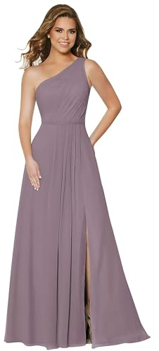 Damen One Shoulder Chiffon Brautjungfernkleider A Linie Plissee Ballkleider mit Taschen Lang Formelle Ballkleider