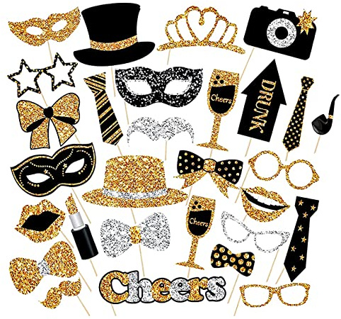 YPLonon 30pcs Photo Booth Props Kit Black and Gold Party Props Accessories with Moustache Lipstick Tie and Glasses Multipurpose Funny Photo Props for Graduation Decorations Birthday Wedding