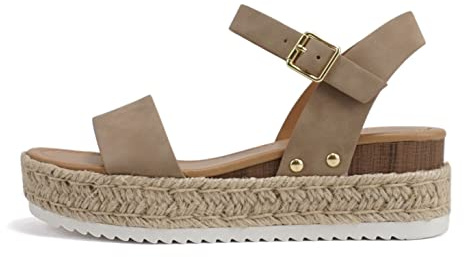 Soda CLIP ~ Women Open Toe Ankle Strap Platform Espadrille Sandal (Dark Natural Nubuck, 5.5)