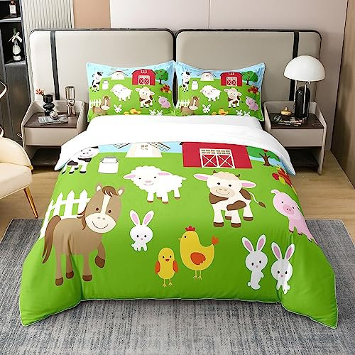 Juego de funda de edredón de 100 % algodón con diseño de animales de granja, tamaño Super King, diseño de dibujos animados, vaca lechera, ovejas, decoración de guardería, color verde