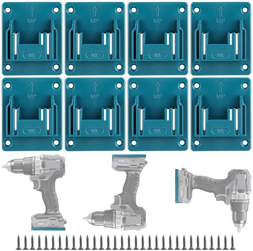 APACALI 8 Stück Wandhalterung Werkzeughalter für makita 18V, Bohren Elektrowerkzeuge Bohrerhalter, Batteriehalter mit 32 Schrauben, Maschinenhalter Werkstatt Speicherung, Blau, 14.4-18V