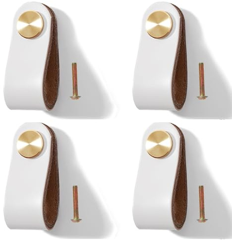Yuaaoh Lederknöpfe Möbel 4 Stück Schubladenknöpfe aus Leder Schrankgriffe Lederschlaufen mit Schrauben Knöpfe Kommode Leder Schrank Ledergriffe für Wohnkultur, Möbelgriffe Einzelloch (Creme Weiß)