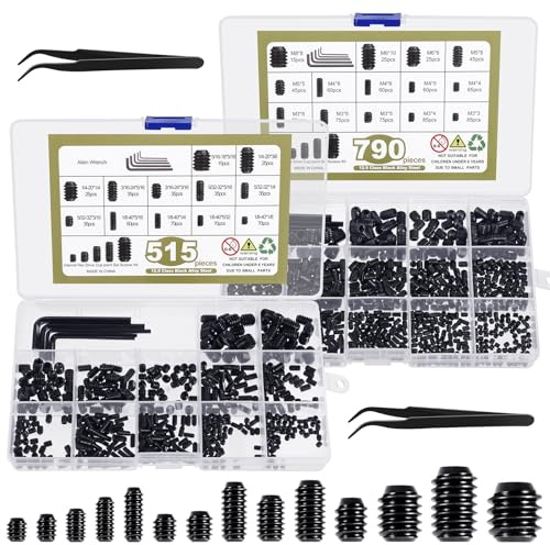 1317 Pcs 26 Size Set Screw Assortment Head Socket Hex Metric Screws Assortment Kit Black Zinc Plated SAE Grub Screw 12.9 Alloy Steel Cup-Point Screws (M3-M8, 1/8-40 to 5/16-18)
