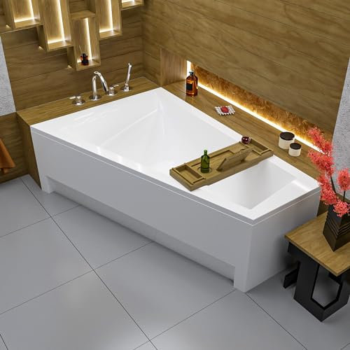 ECOLAM® Badewanne RITA Trapezwanne Eckwanne Trapezform 150x100 cm LINKS + Schürze Acryl + Bambusablage + Ab- und Überlauf Alcaplast Füße Silikon SET