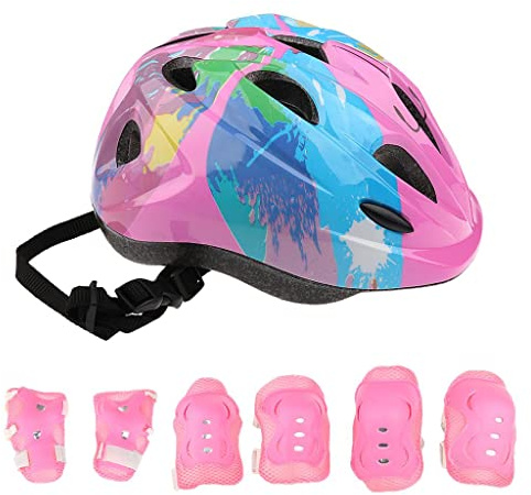 rockible Set di Protezioni per Bambini - Ginocchio, Gomito, Polso + Casco Sportivo, Set di Protezioni per Bambini per Pattini a Rotelle, Skateboard, Pattini a, Rosa