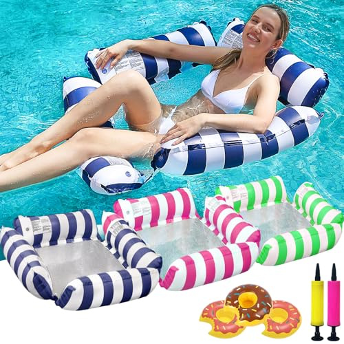 LUSTERMOON 3 Stück Pool Float Chair Lounge für Erwachsene, aufblasbare Poolschwimmer 4-in-1 Mehrzweck-Poolschwimmer Wasserhängematte mit Getränkehaltern (Marineblau, Rosa, Grün)