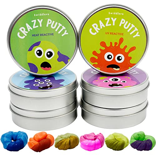 THE TWIDDLERS 6er Pack Knete mit Farbwechselfunktion + 4 Mini UV-Lampen - Hitze- & UV-Reaktive Zauberknete, ändert die Farbe bei Wärme & Schwarzlicht - Kinder Mitgebsel/Geschenk