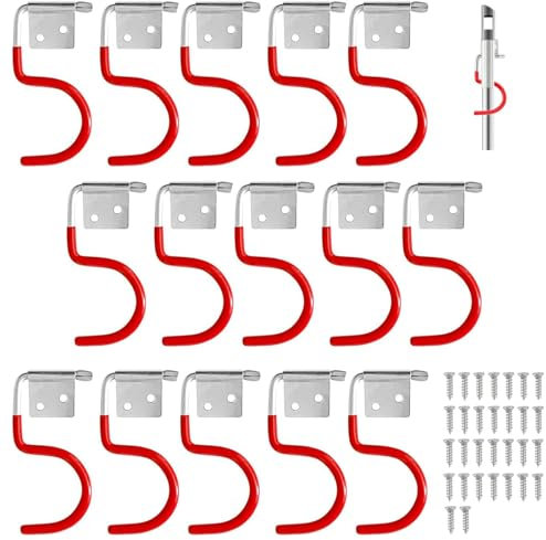 GANILITY Porta Attrezzi da Giardino, 15 Pezzi Ganci da Parete Rossi con 30 Viti, Gancio Antiscivolo Gommato per Attrezzi da Giardino, per Garage, Cantina, Capannone Attrezzi
