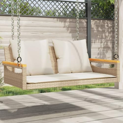 TEHTX7 Bank Gartenbank Schwebebank Schaukelbank mit Kissen Beige 109x62x40 cm Poly Rattan
