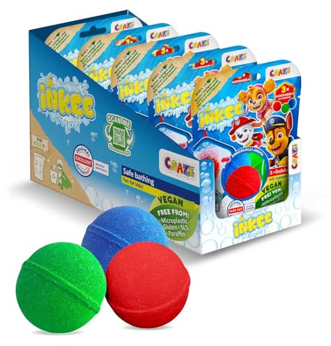 INKEE Paw Patrol bombe da bagno per bambini - 15 palline da bagno in 3 colori con olio di jojoba e profumo di ciliegia - 3x50g