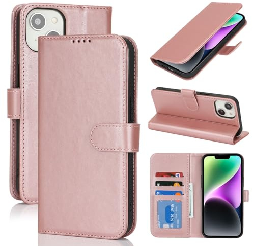 Zouzt Hülle für iPhone 14/13 6,1-Zoll, Stoßfestes PU Leder Handyhülle Lederhülle Klapphülle mit Kartenhalter und Standfunktion Flip Leather Wallet Phone Cover (Roségold)