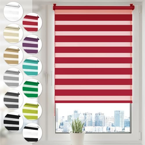 Doppelrollo Klemmfix ohne Bohren 90cm x 130cm Rot Duo Rollo Klemmrollo Sonnenschutzrollo Fensterrollo für Fenster & Türen Zebrarollo Seitenzugrollo