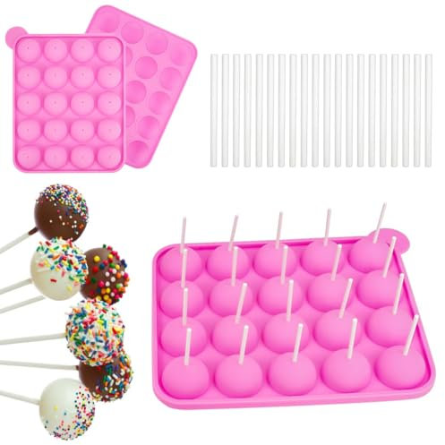 Jinsion Silicone Cake Pop Mold, 20 Cavity Lollipop Moulds, BPA Free Cake Pop Maker, 22.5x18.5x4cm Cake Pop Making Tools, Cake Pop Moulds with 20 Lollipop Sticks, for Hard Candy, Chocolate, Jelly