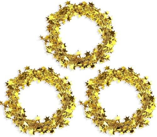 3 Stück Weihnachtsstern Lametta Glitzer, Kleine Sterne Girlande Deko, Draht Mit Sternen, Baum Girlande für Party Dekoration, 7,5m (Gold)