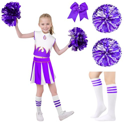 Matreeglam Cheerleader Kostüm, Cheerleadering Outfit Uniform mit Pompoms, Cheer Outfit Karneval Halloween,Fasching,Mottoparty (lila, 120)