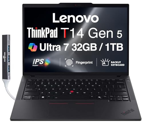 Lenovo ThinkPad T14 Gen 5 AI Business Laptop 14 Zoll IPS FHD+ (Intel Core Ultra 7 155U(>i7-13700H), 32GB DDR5, 1TB SSD, Copilot, Backlit KB, Fingerprint, 2 Thunderbolt 4, 5MP Webcam, DKZ Hub, Win11P)
