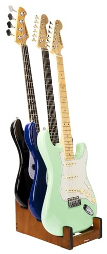 STRICH Gitarrenständer aus Holz für mehrere Gitarren, 3-Halter, frontale Präsentation, platzsparender Bodenständer für Zuhause, Studio und Bühne, Mahagonifarbe, L-3EM (für 3 E-Gitarren/Bässe)