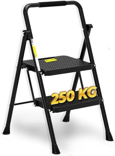 Escabeau à 2 Marches, Tabouret Escabeau Pliant avec Large Pédale Antidérapante, Échelle Stable en Acier, Poignée Confortable, Tabouret Escabeau en Acier Léger et Portable, Noir