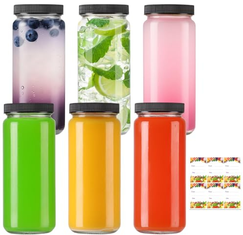 EkkoVla Paquete de 6 botellas de vidrio de 500 ml con tapas, botellas de agua reutilizables de boca ancha para jugo, agua, leche, batidos, almacenamiento de bebidas