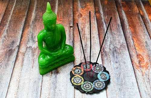 India House Handgefertigter runder Räucherstäbchenhalter aus Marmor und Speckstein, 7 Chakra-Gravur, Meditations- und Heimdekoration, Aschefänger, perfekt für Büro, Yoga-Platz und als Geschenk, 12,7