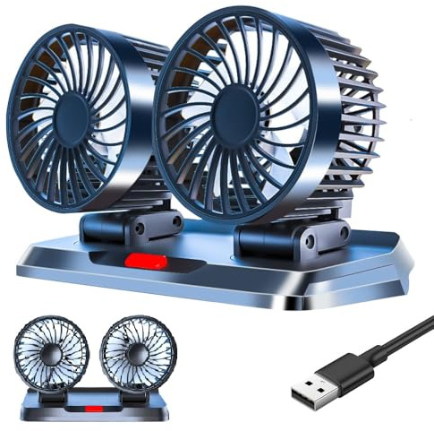 KUWUNG Ventilateur de voiture USB à double tête rotatif à 360° avec 3 vitesses - Double ventilateur - Convient avec interface USB pour voiture, camping-car, maison, bureau, camping
