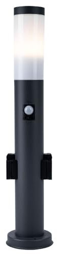 LED Wegleuchte Außen mit Bewegungsmelder, 2x Steckdose, Sockelleuchte Gartenleuchte, Edelstahl Anthrazit, IP44, H 60cm, Garten, Veranda, Hof Weg