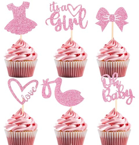 42 Stück Its A Girl Tortendeko Babyparty Deko Mädchen Set Rosa Cupcake-Topper Mit Schleife Kleid Herz Glitzer Muffin Deko Rosa Zur Geschlechtsenthüllung Für Taufe Baby Shower Party Deko