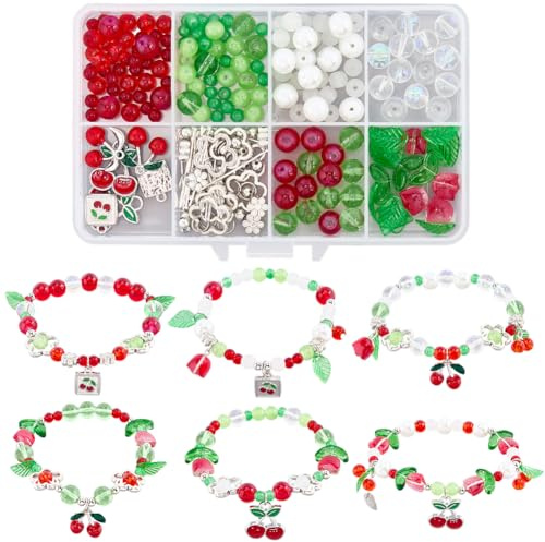SUNNYCLUE 1 Box DIY 6 Sets Christmas Bracelet Making Kit Cherry Charms Metal Alloy Enamel Green Leaves Red Fruits Food Cherry Dangle Baking Painted Glasses Beads Charm for Jewellery Making Kits
