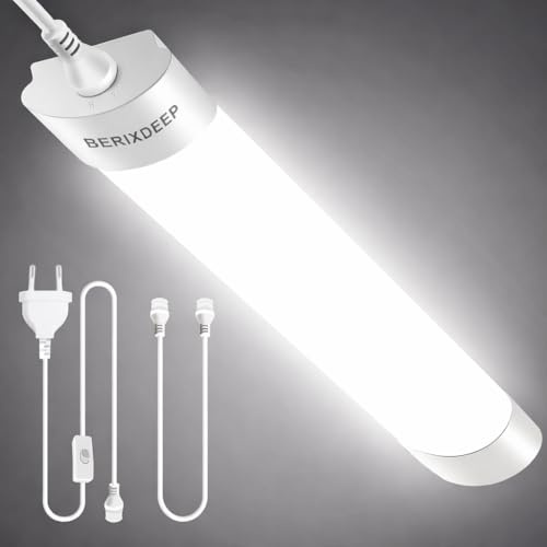 BERIXDEEP CCT Feuchtraumleuchte LED 150cm, 3000K-6500K Abstimmbar, 3m Kable | Feuchtraumlampe mit Schalter für Kellerraum, Garage, Wand, Werkbank, Werkstatt, Waschküche, Carports, Verbindbar, 45W