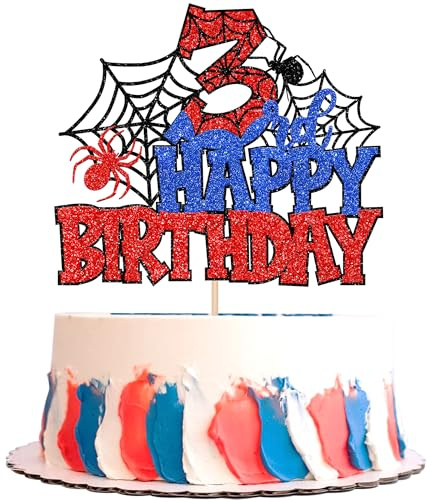 SYKYCTCY 1 Pack Spider Happy 3rd Birthday Cake Topper Glitter Spooky Party Cake Picks for Spider Theme 3rd Birthday Baby Shower Boys Girls Kids Party Supplies