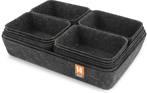 YiJiuBu 14-Teiliger Schubladen-Organizer aus Filz, stapelbare Aufbewahrungsboxen als Ordnungssystem für Schreibtisch, Bürozubehör, Schminktisch und Schlafzimmer (14, Dunkelgrau)