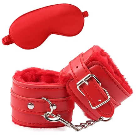 YAIYEFU Elegantes, verstellbares, flauschiges Handschellen und weiche Satin-Augenbinde-Set – Geschenk für Paare, Rollenspiel-Kostüm-Zubehör, Valentinstagsgeschenk (rot) ​