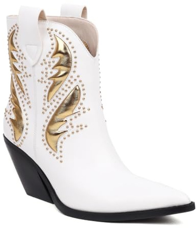 Genérico Mujer Punta Puntiaguda Cuero PU Chelsea Botas De Tobillo Tacón Alto Grueso Botas Vaqueras Occidentales con Tachuelas Tirón Botines Cortos,Blanca,40 EU